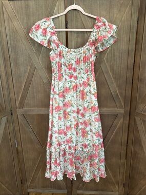Floral Long Summer Dress in white with pink & green - medium